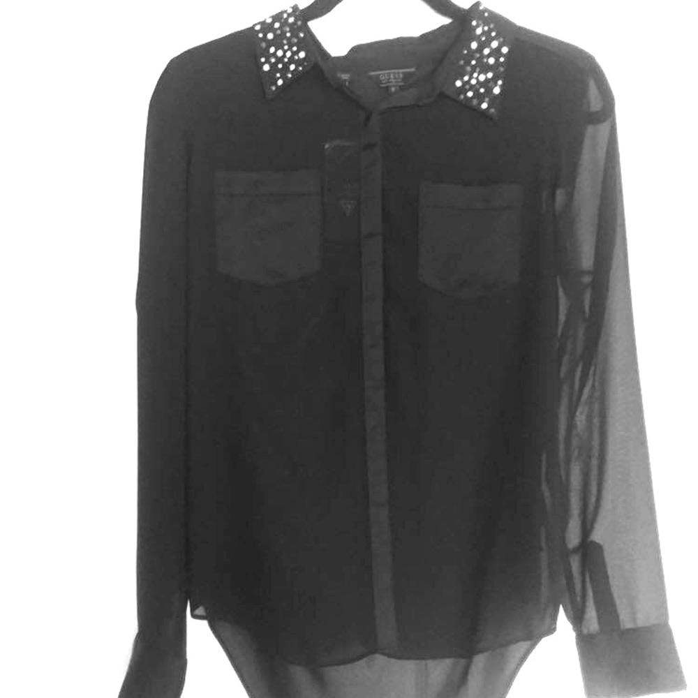 GUESS Long sleeve, semi-sheer blouse with embellishment